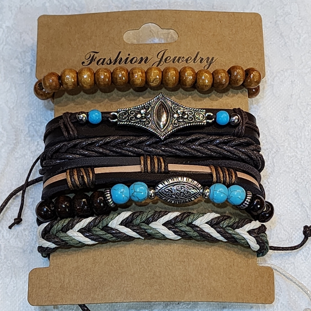 6 Stackable Western Cowboy Style Beaded Adjustable Bracelets-Unisex